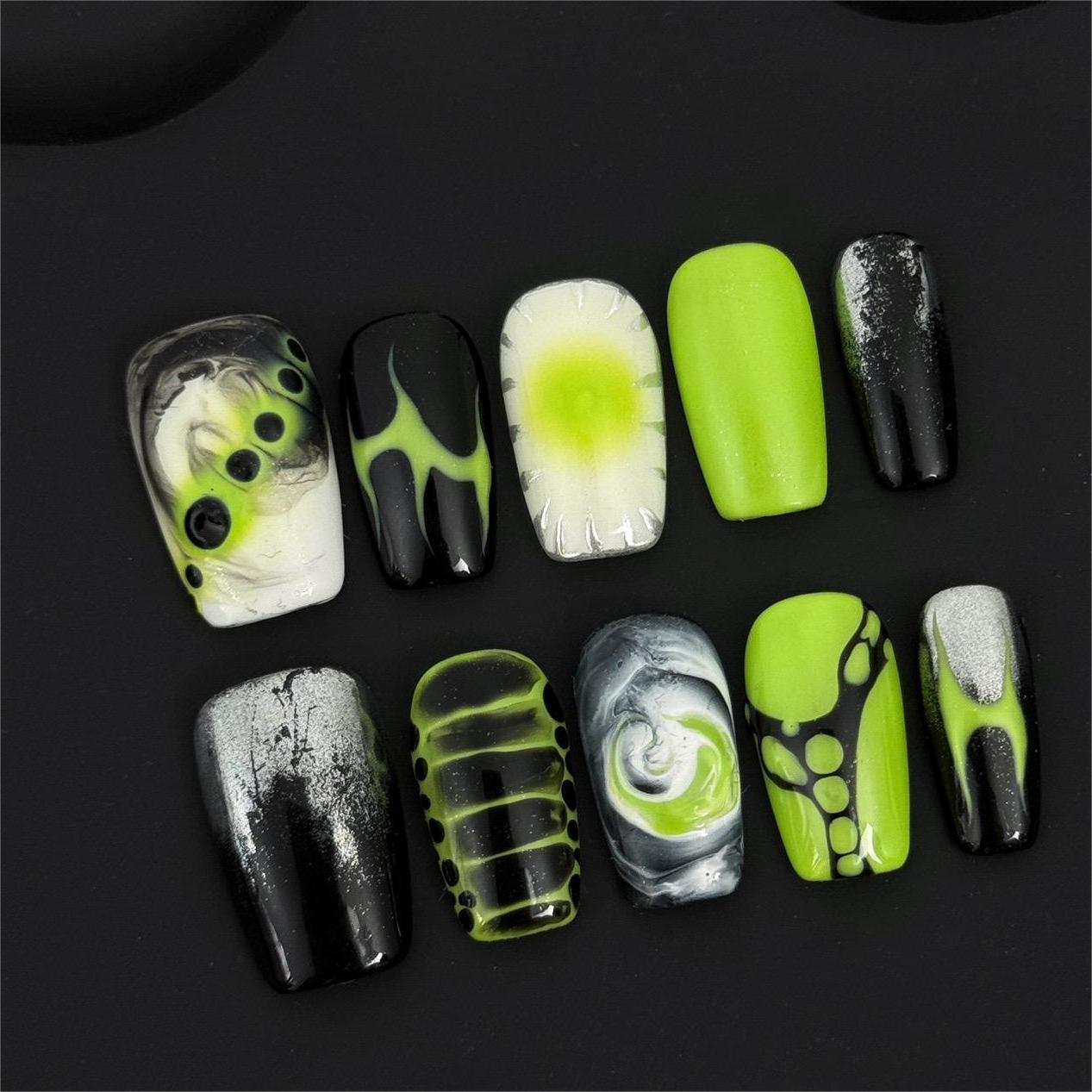 Siva Nail, Neon Venom, Cyberpunk moderno, unghie pressate fatte a mano