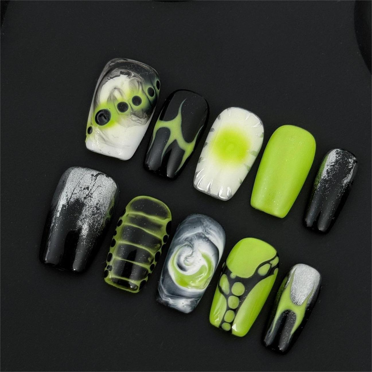 Siva Nail, Neon Venom, Cyberpunk moderno, unghie pressate fatte a mano