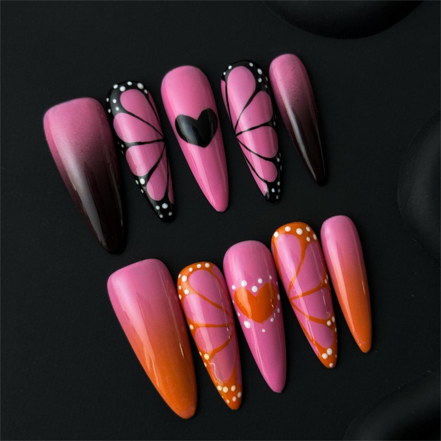 Siva Nail, Sunset Flutter, stampa farfalla, unghie pressate fatte a mano