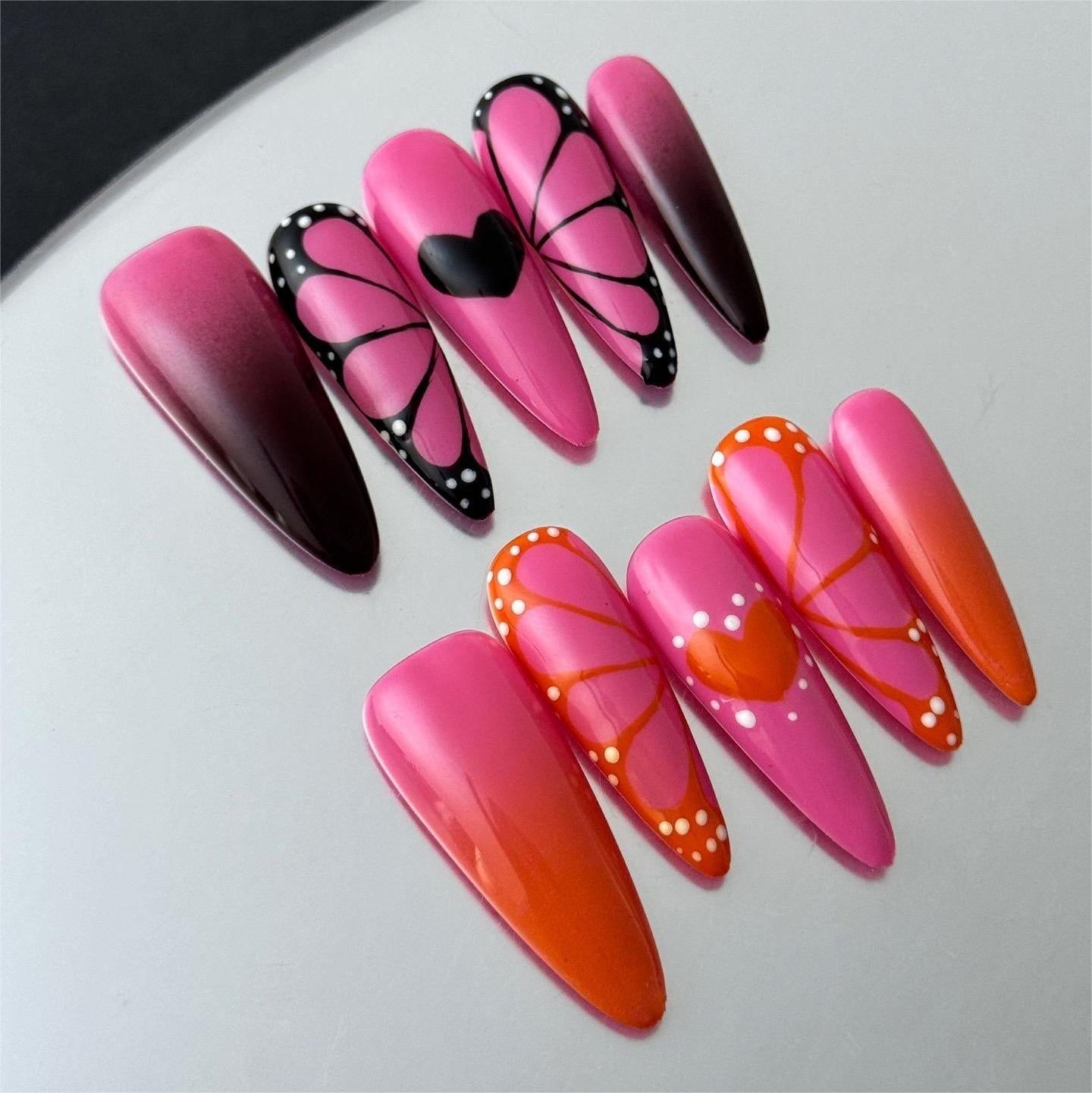 Siva Nail, Sunset Flutter, stampa farfalla, unghie pressate fatte a mano