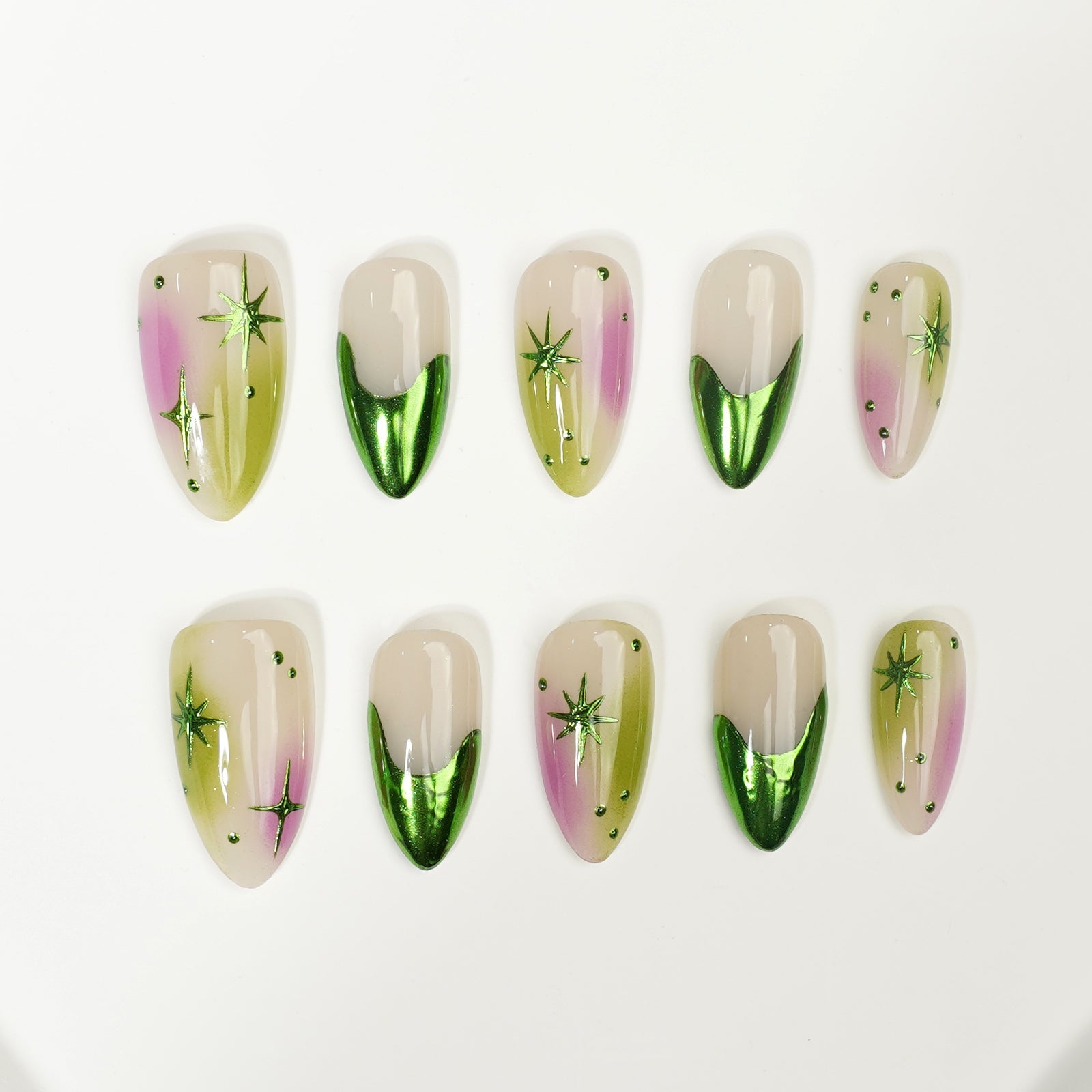 Siva Nail, Verdant Whimsy, Ombre Artistic Green e Purple, unghie finte fatte a mano