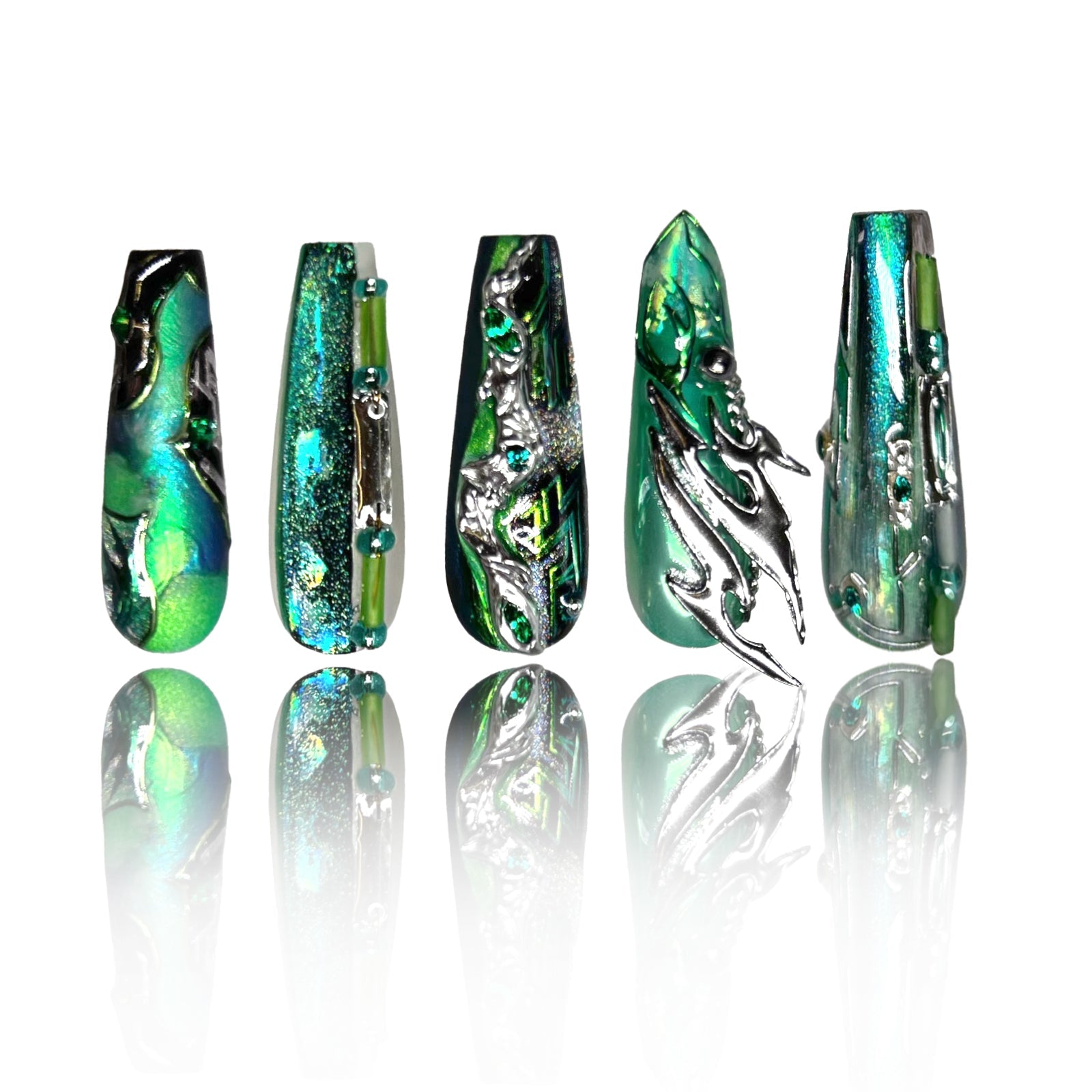 Siva Nail, Emerald Flame, unghie pressate fatte a mano futuristiche di lusso