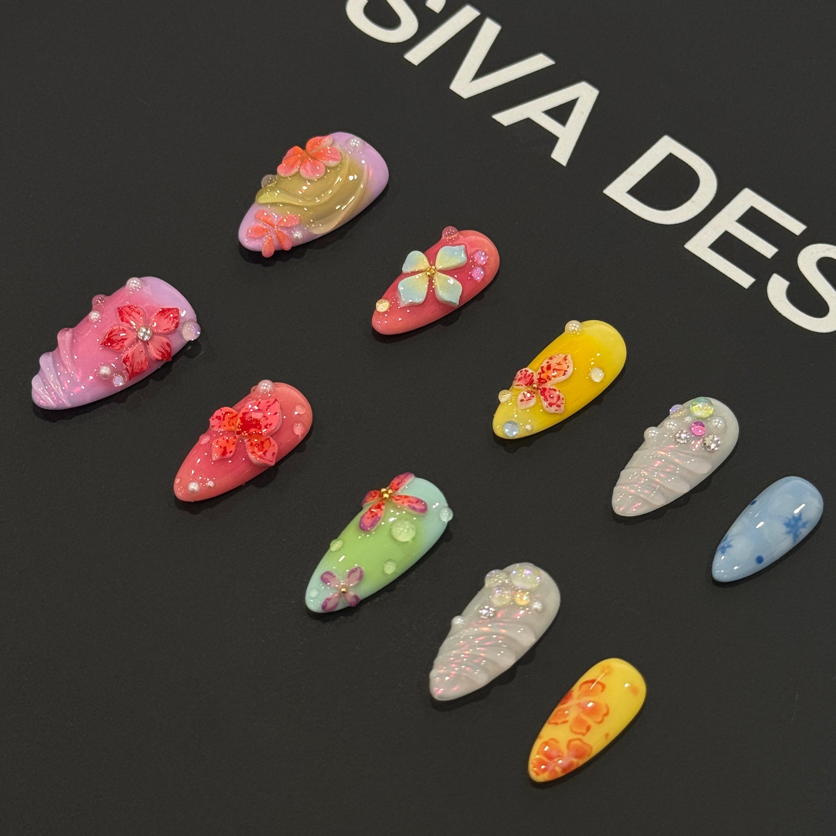 Siva Nail, Petals Enchant, Colorful Bloom, unghie finte fatte a mano