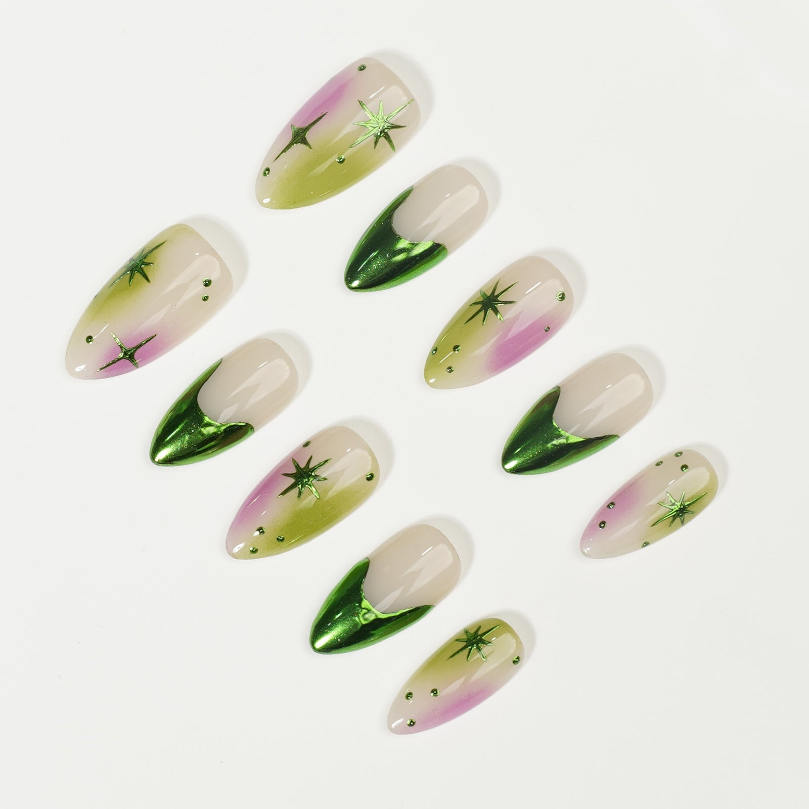 Siva Nail, Verdant Whimsy, Ombre Artistic Green e Purple, unghie finte fatte a mano