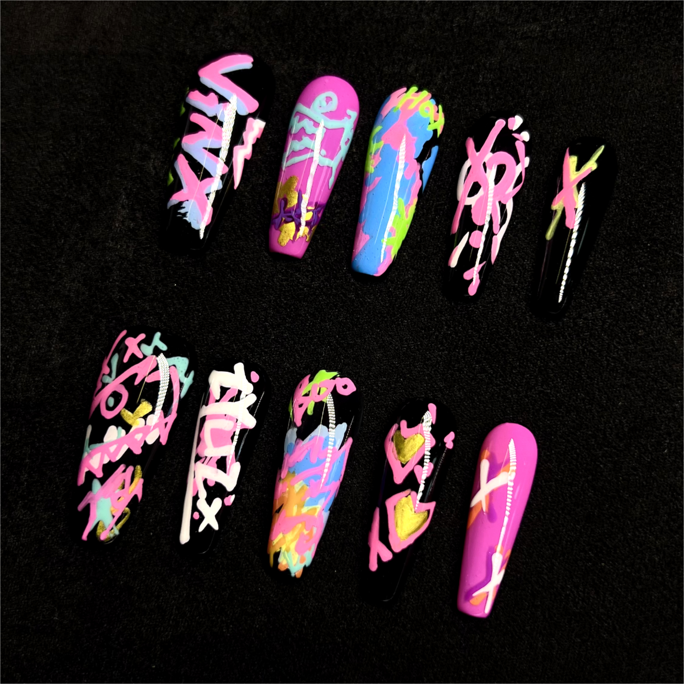 Siva Nail, Neon Groove, Stile Graffiti, Unghie Press on Fatte a Mano