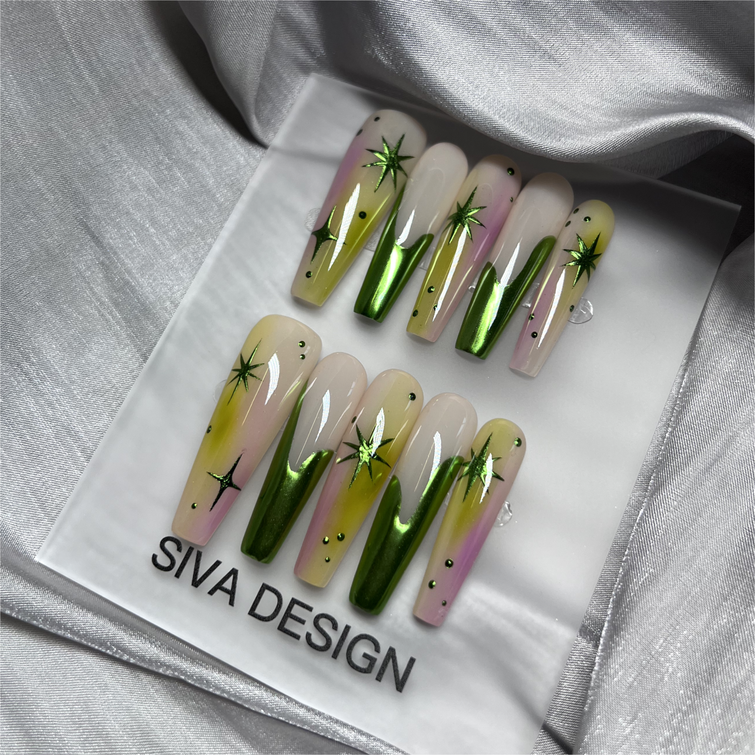 Siva Nail, Verdant Whimsy, Ombre Artistic Green e Purple, unghie finte fatte a mano