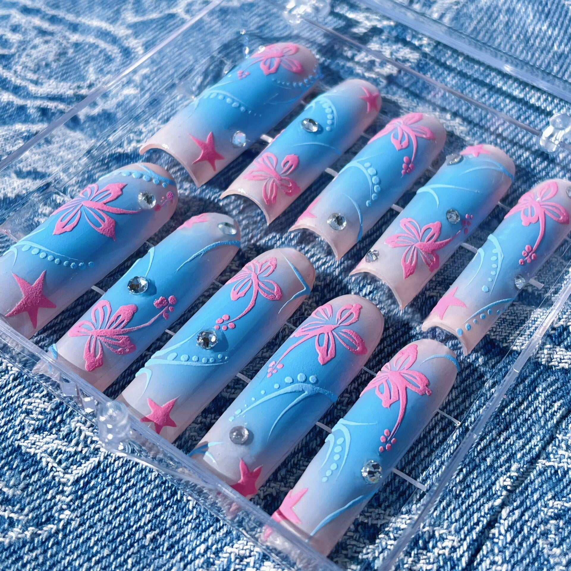 Siva Nail, Blue Butterfly Bliss, Ombre Style Long Press on Nails