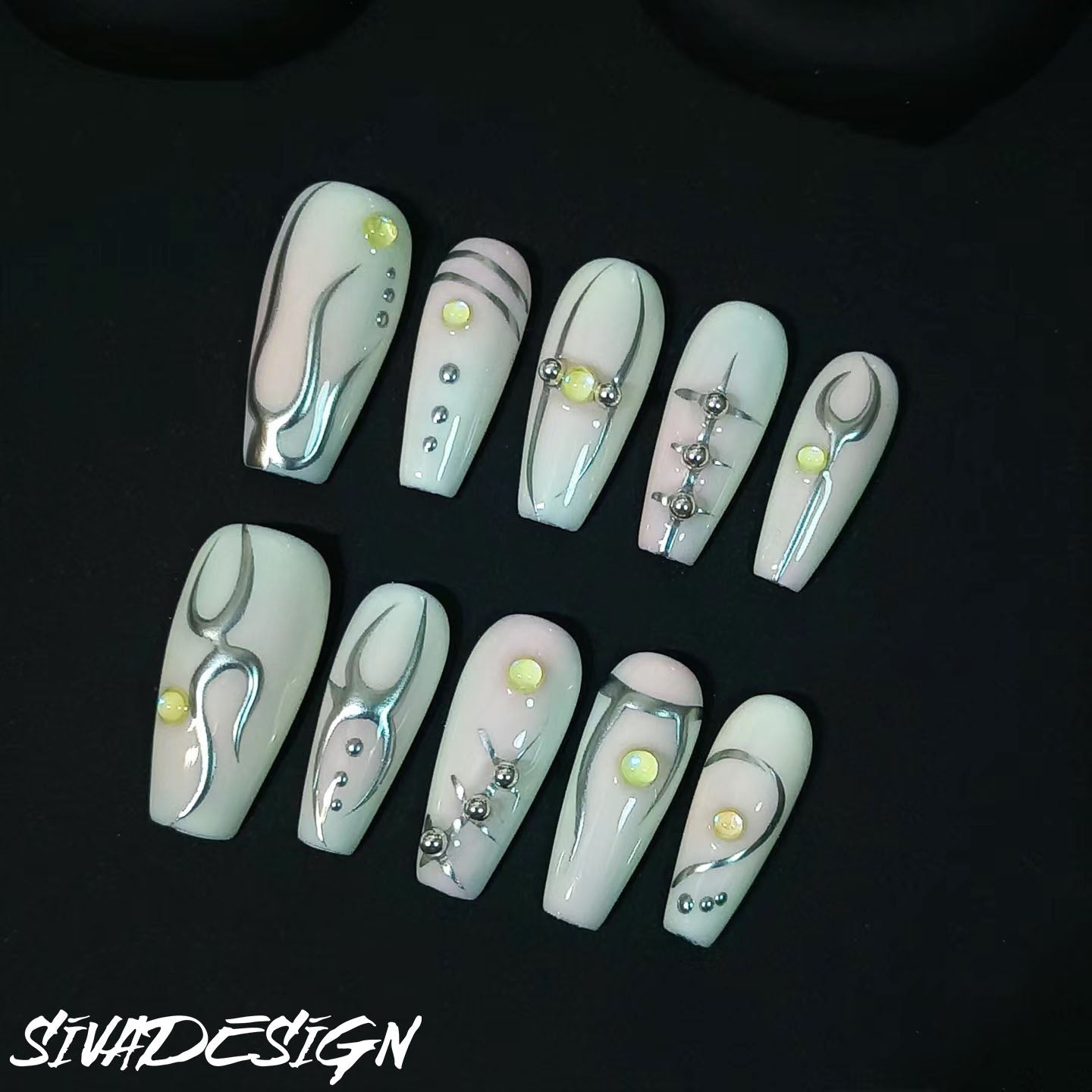 Siva Nail, Sublimation Echo, Futuristic Glow, unghie pressate fatte a mano