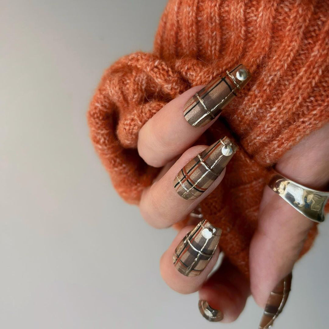 Siva Nail, Mocha Chic, Cozy Plaid, Handmade Press on Nails