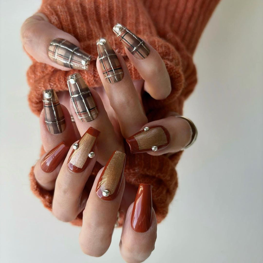 Siva Nail, Mocha Chic, Cozy Plaid, Handmade Press on Nails