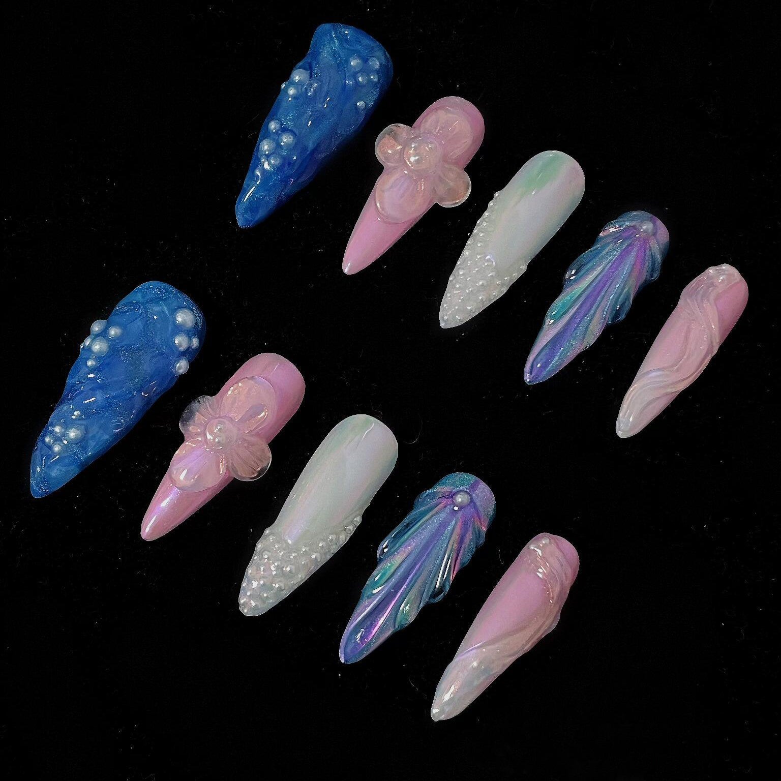 Siva Nail, Ocean Rose, Floral Pearl Fantasy, unghie finte fatte a mano