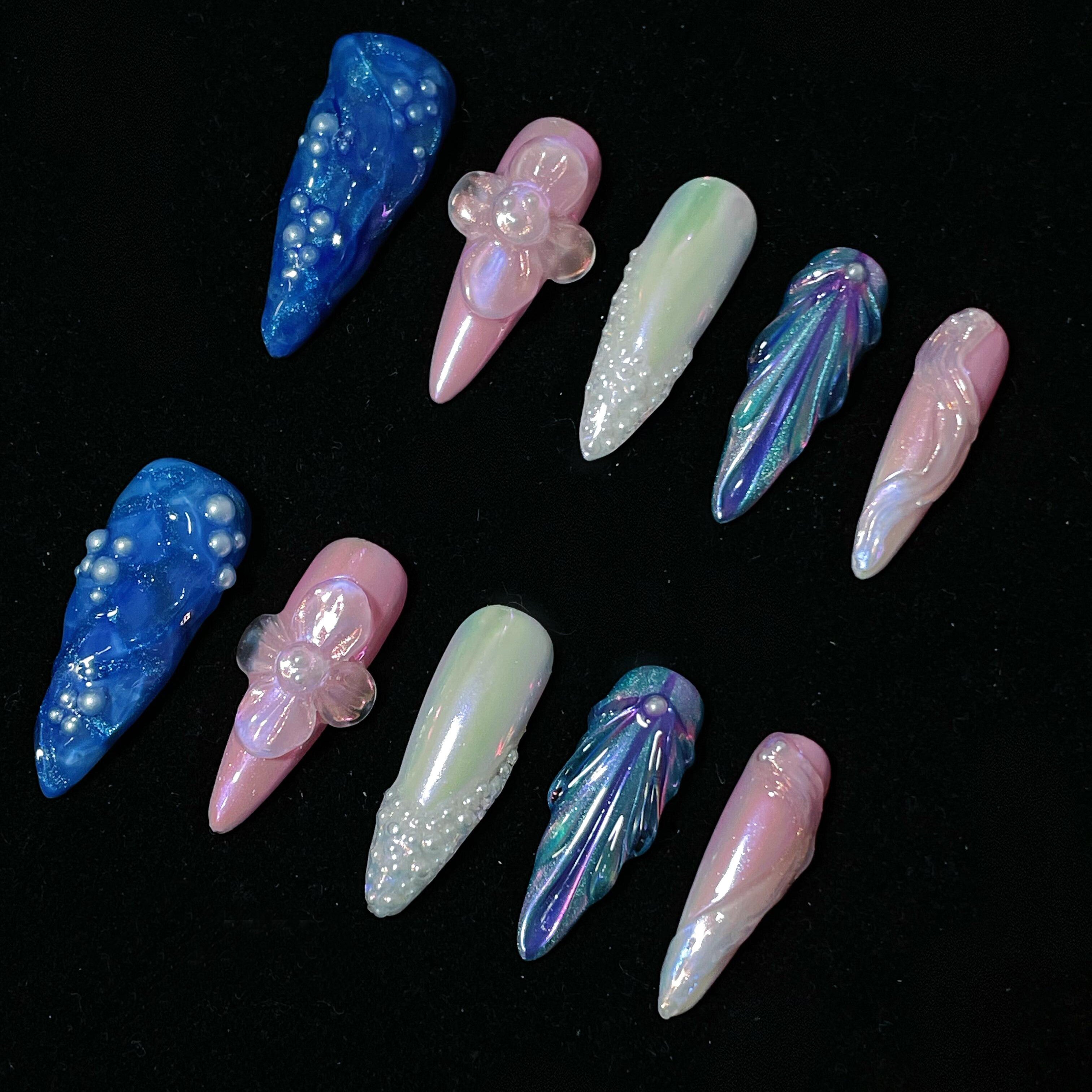 Siva Nail, Ocean Rose, Floral Pearl Fantasy, unghie finte fatte a mano