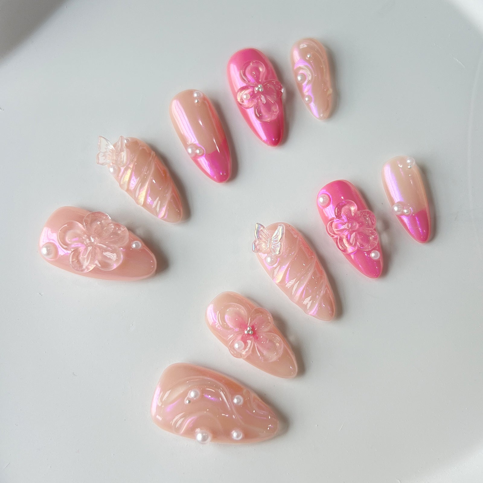 Siva Nail, Pink Blossom, Elegante floreale, unghie pressate fatte a mano