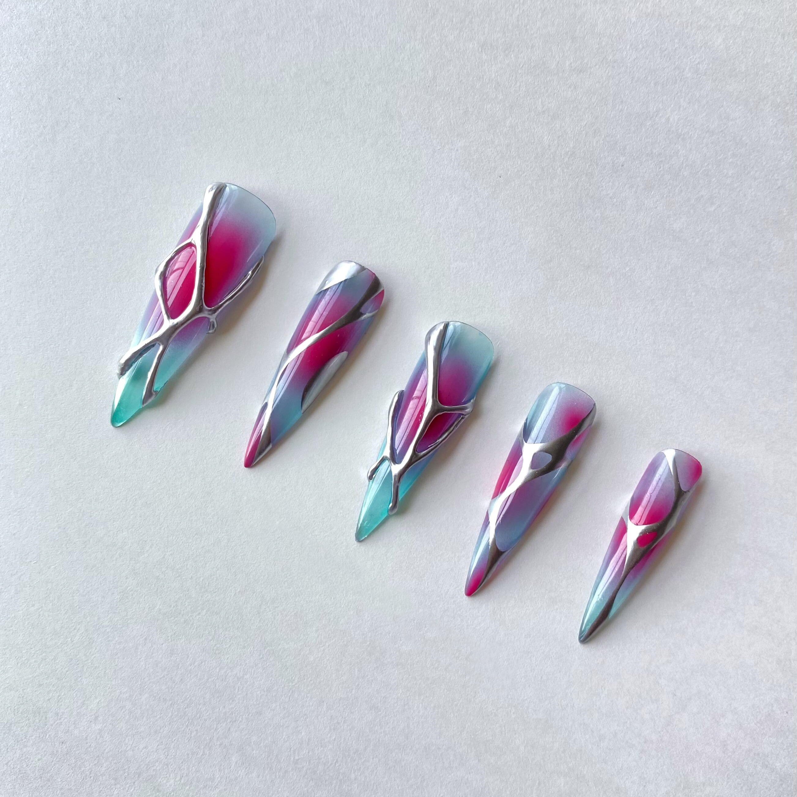 Siva Nail, Abstract Futurism, Gradient Metallic, Handmade Press on Nails