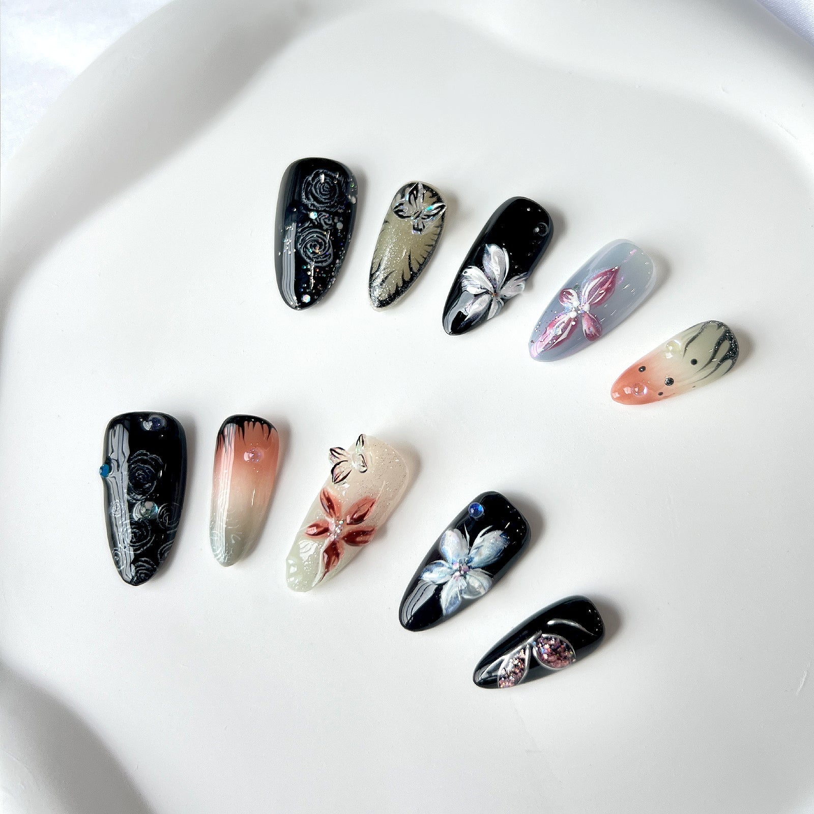 Siva Nail, Twilight Blossom, Artistic Floral, Handmade Press on Nails