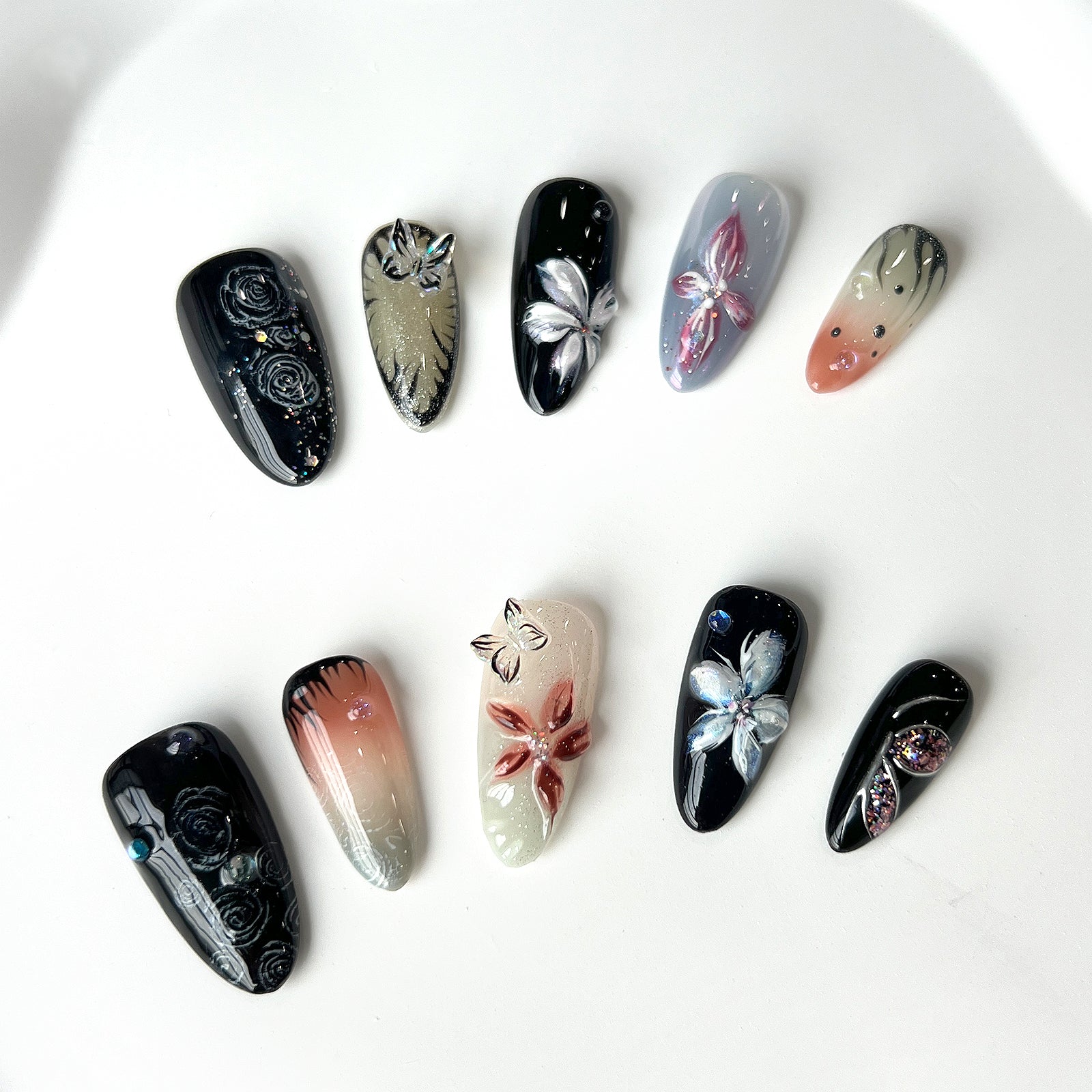 Siva Nail, Twilight Blossom, Artistic Floral, Unghie pressate fatte a mano