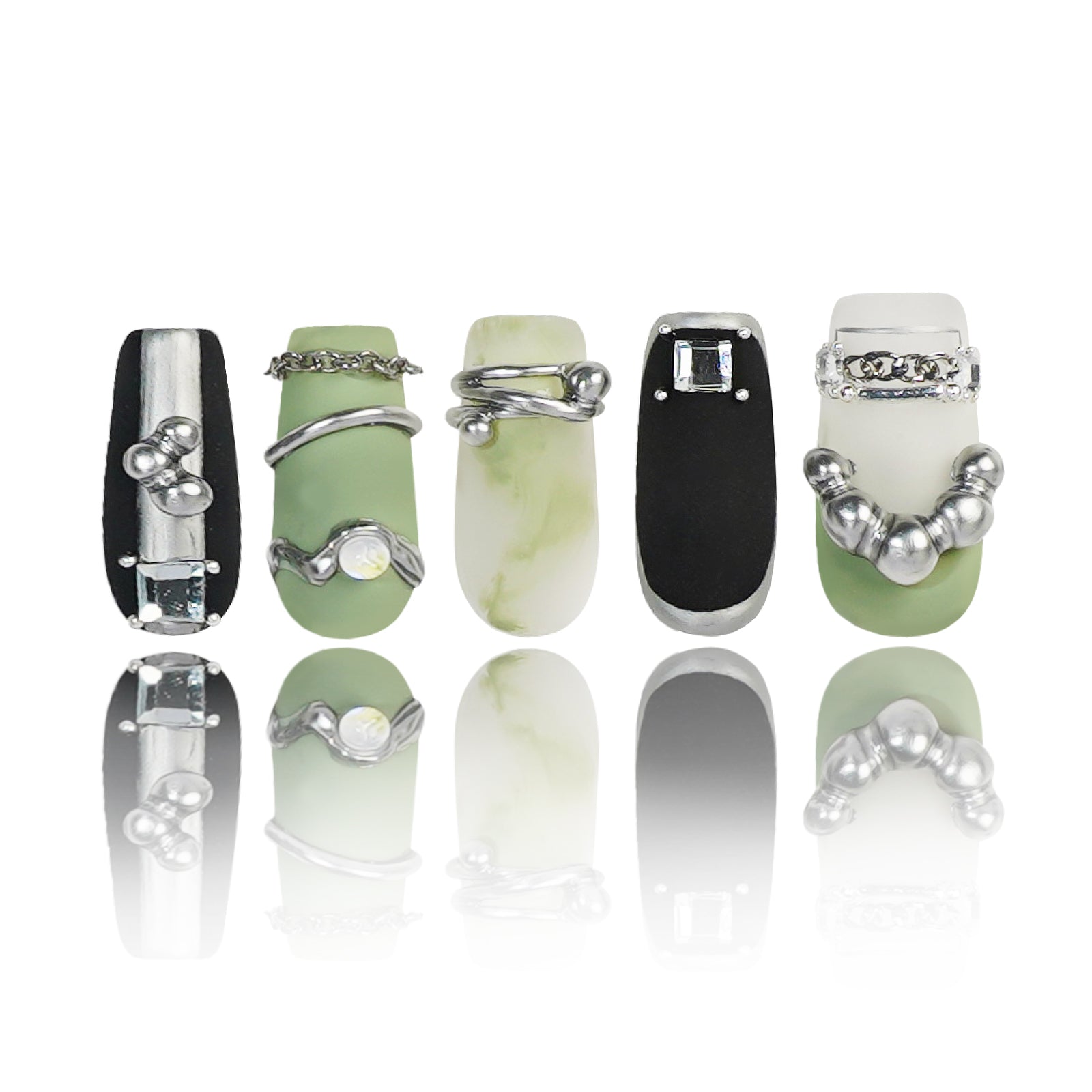 Siva Nail, Phantom (verde), unghie pressate fatte a mano in stile gotico