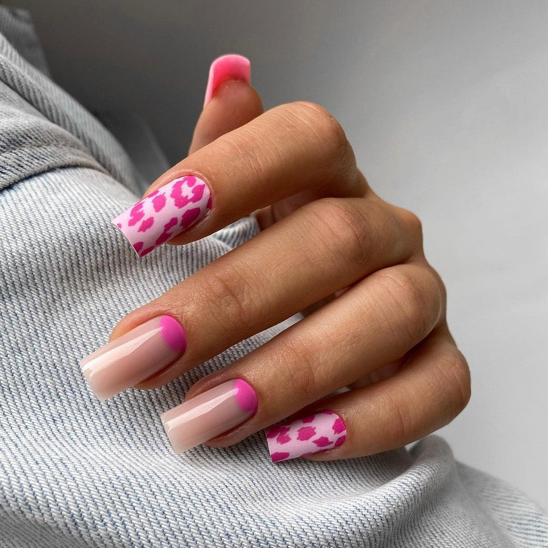 Siva Nail, Blush Leopard, Stampa animalier rosa, Unghie pressate fatte a mano