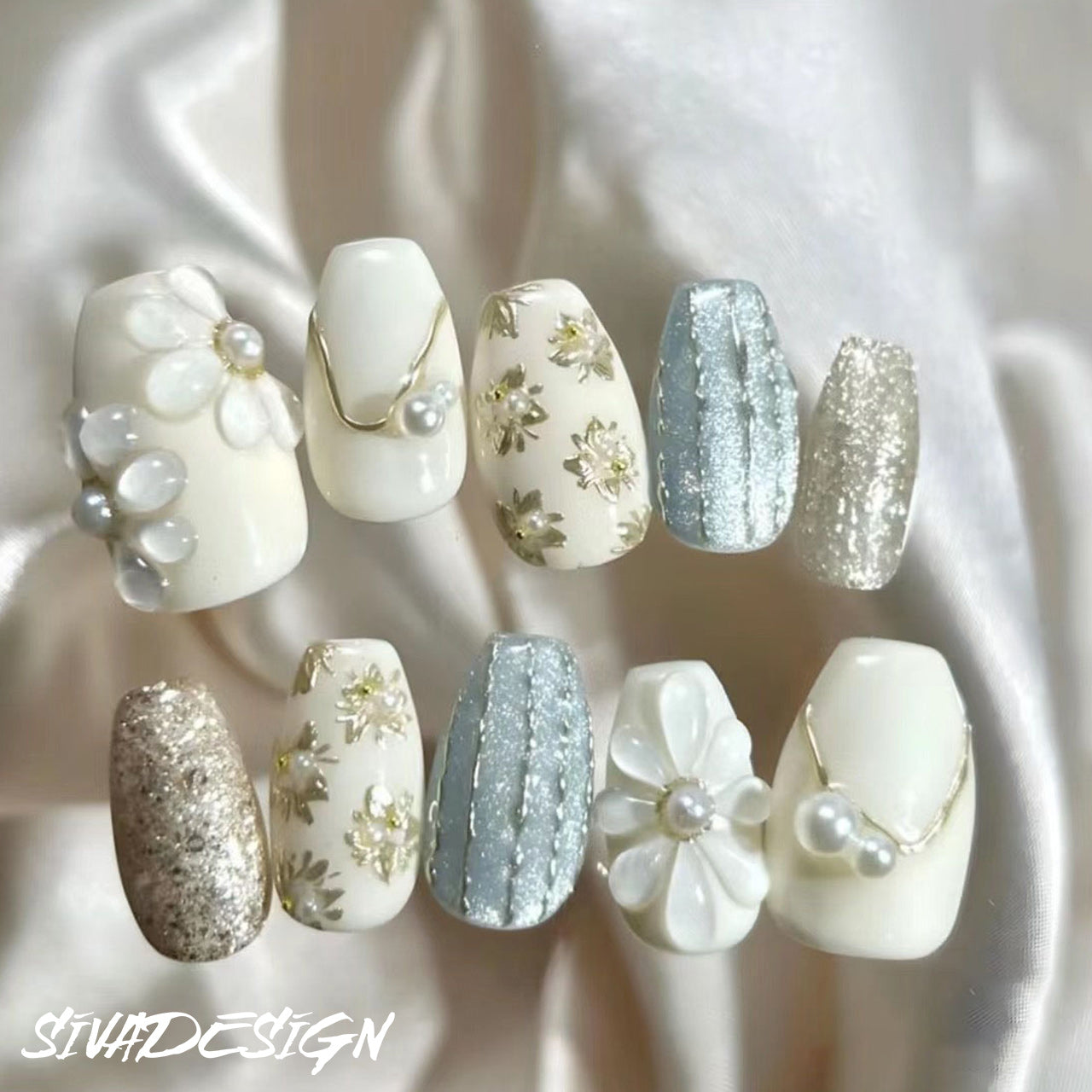 Siva Nail, Frosted Flora, Winter Handmade Press on Nails