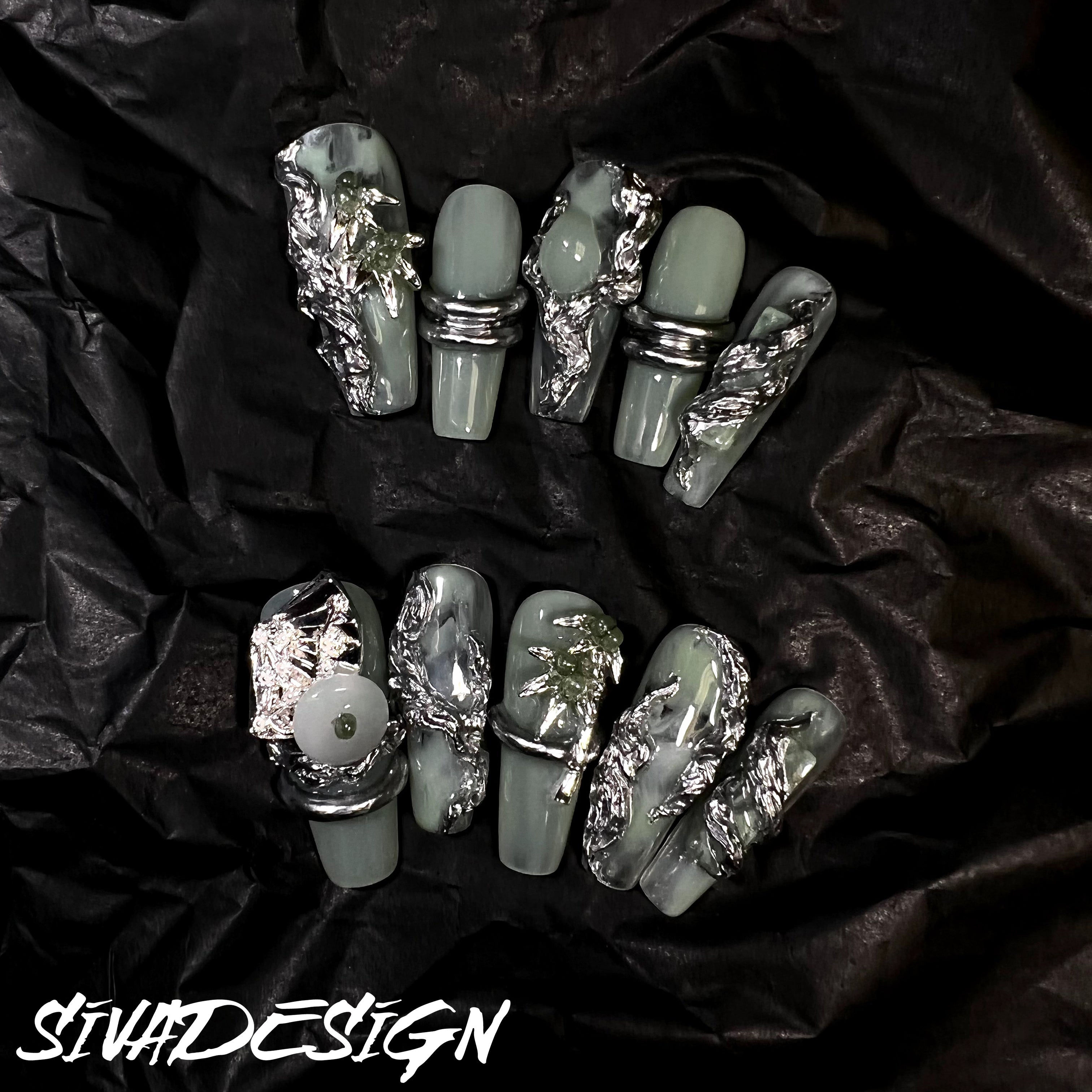 Siva Nail, Green Mystique, Metallic Accents, Handmade Press on Nails