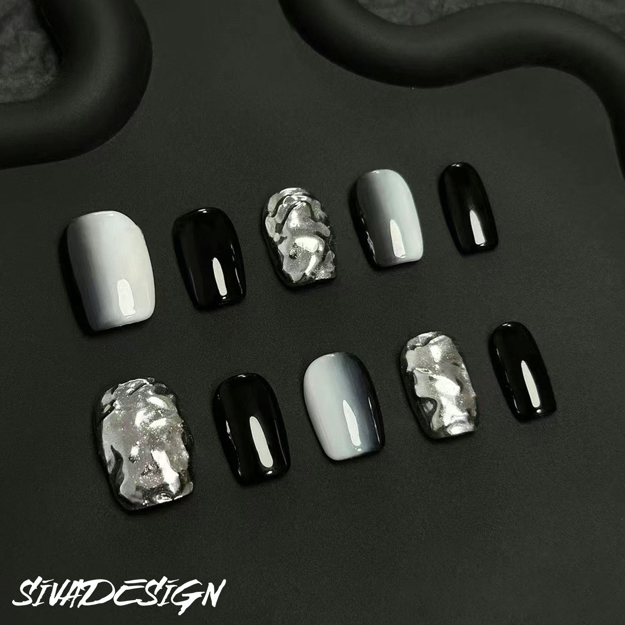 Siva Nail, Mercury Flow, Metallic Monochrome Handmade Press on Nails