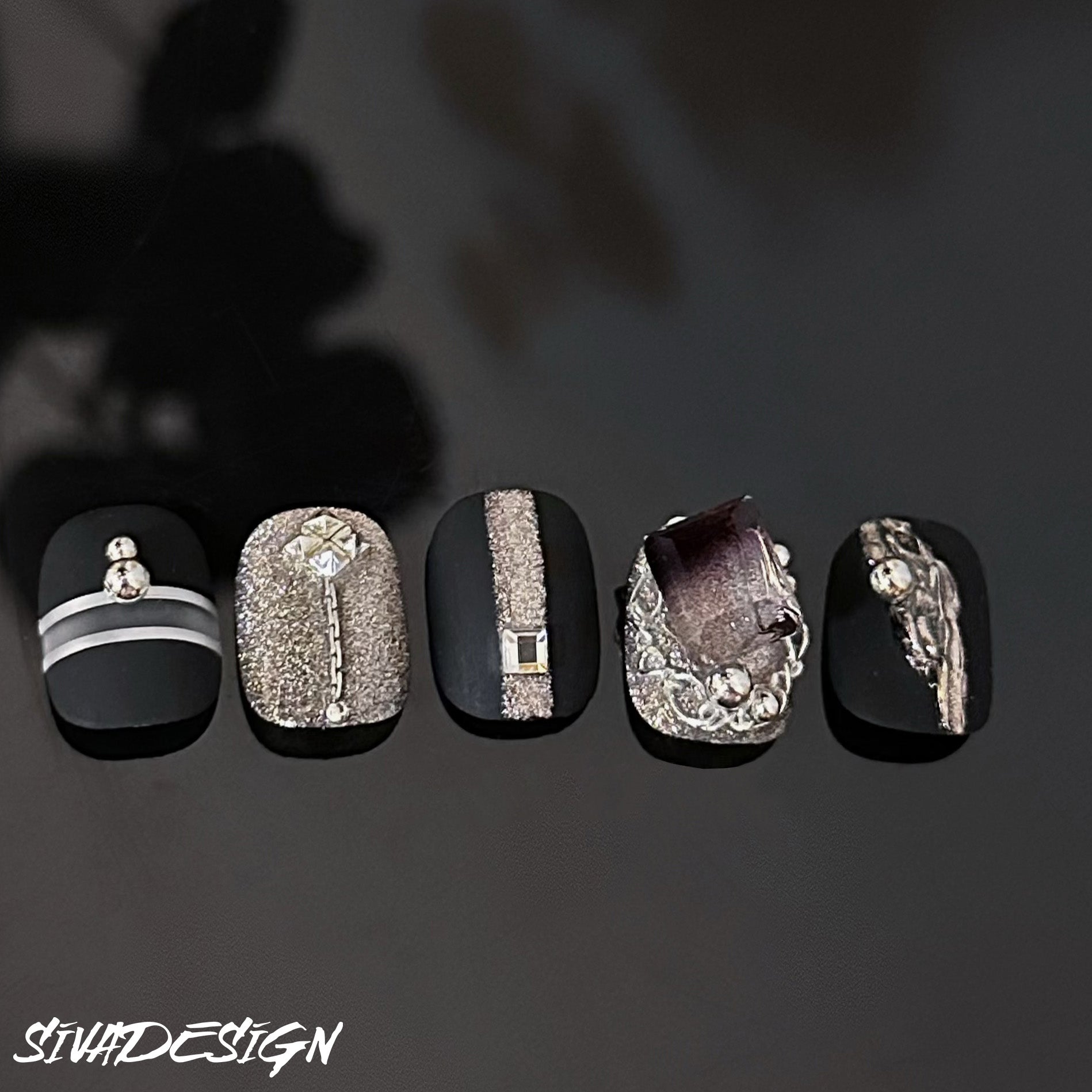 Siva Nail, Midnight Glam, Metallic Luxury Handmade Press on Nails