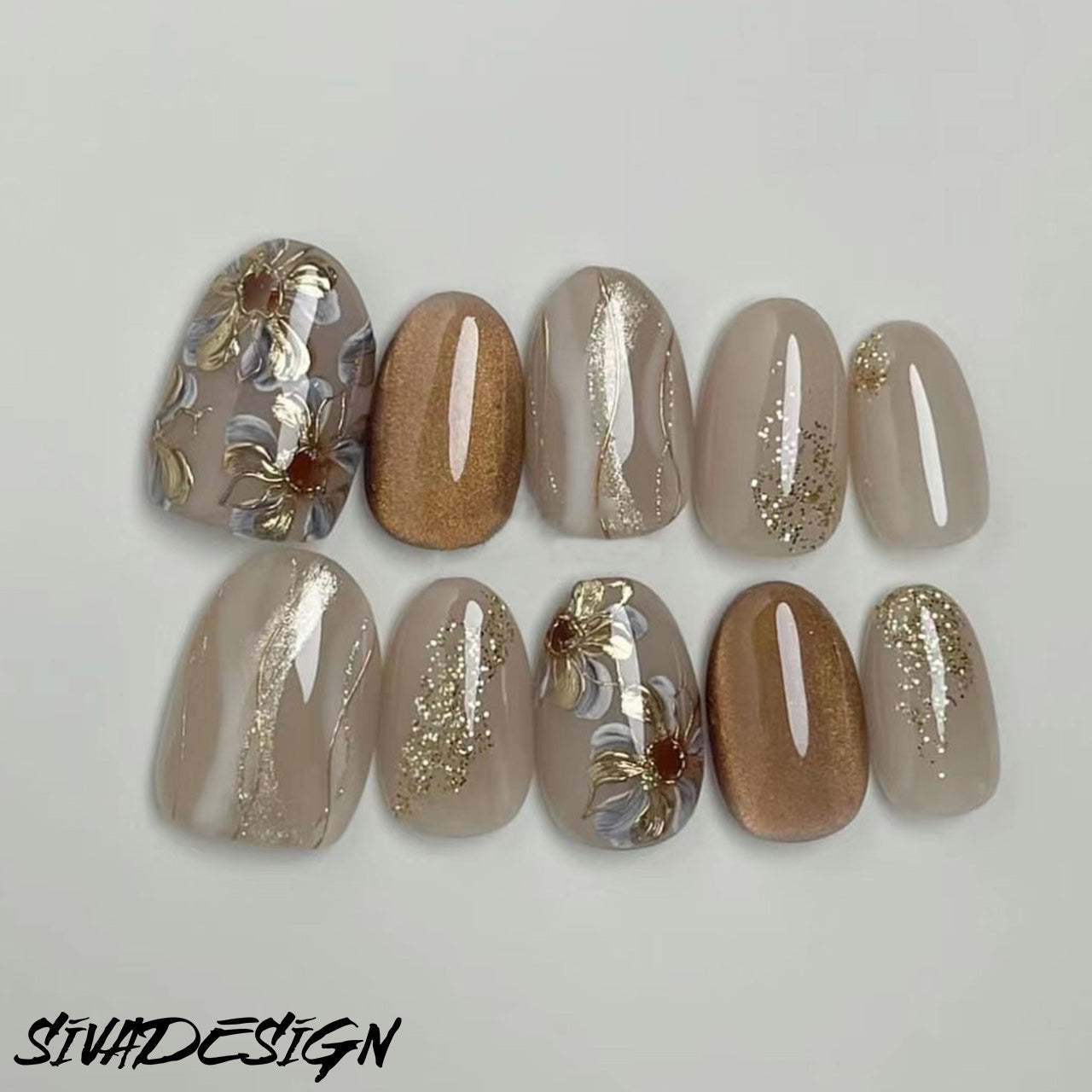 Siva Nail, Mocha Shimmer, unghie stampate a mano floreali