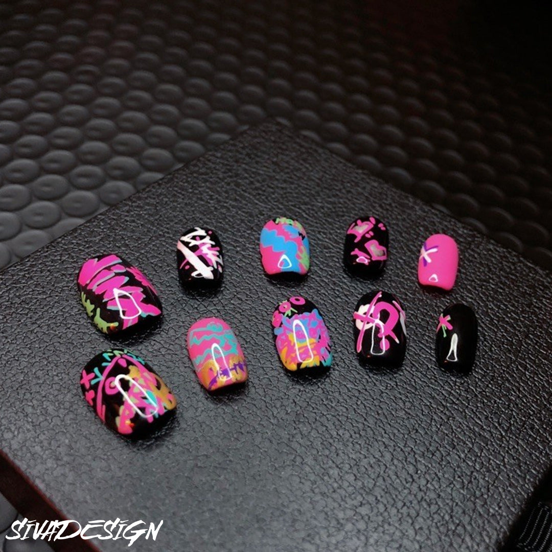 Siva Nail, Neon Groove, Stile Graffiti, Unghie Press on Fatte a Mano