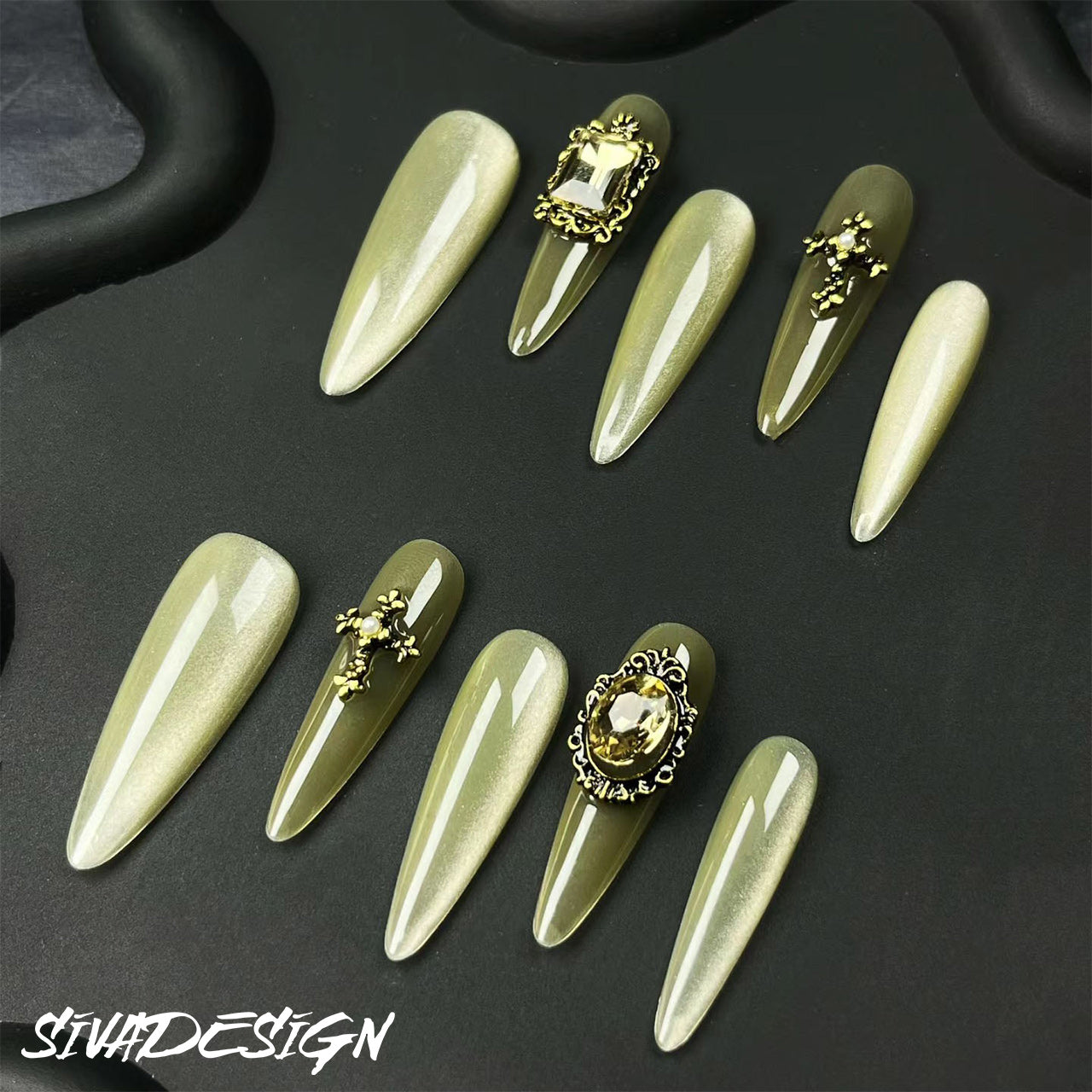 Siva Nail, Olive Opulence, Glamour Style, unghie pressate fatte a mano