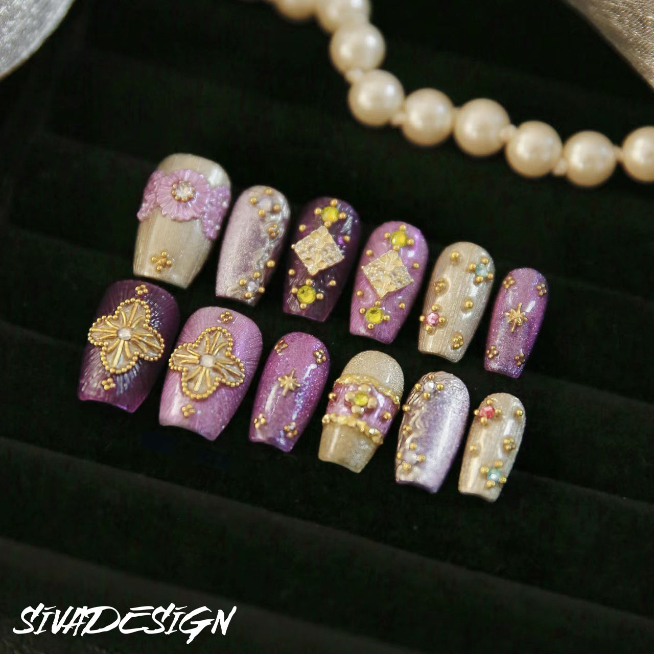 Siva Nail, Purple Majesty, unghie finte fatte a mano in stile reale