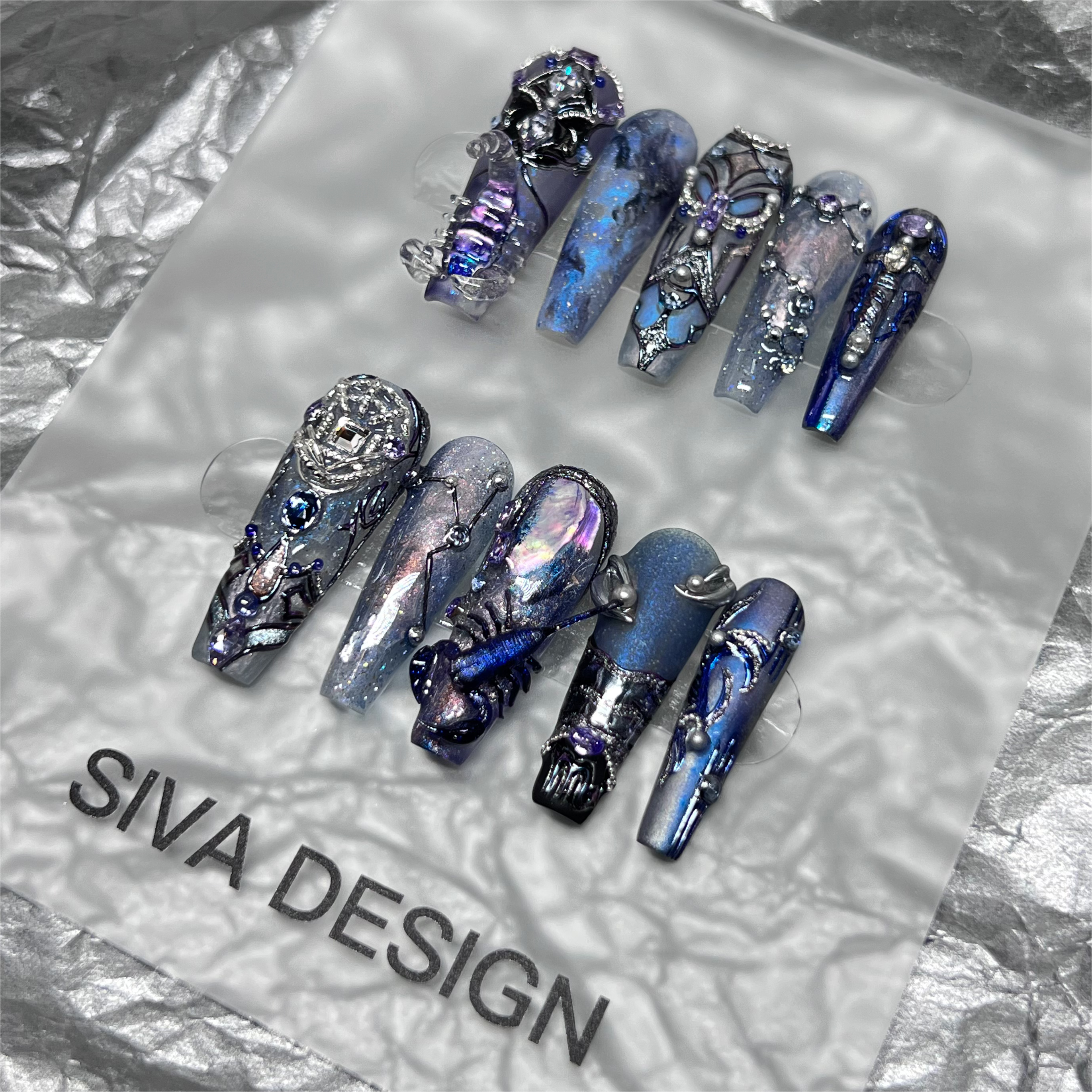 Siva Nail, Scorpione Galaxy, Scorpione Cosmico, Unghie Press on Fatte a Mano