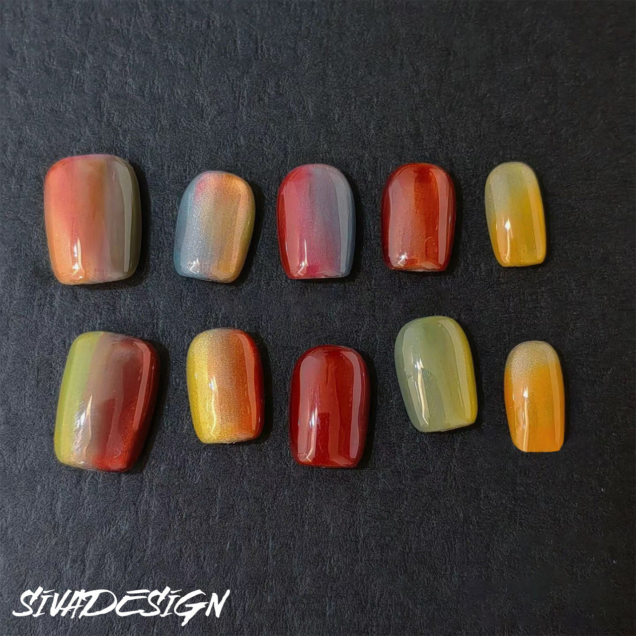 Siva Nail, Sunset Embers, Fiery Ombre, unghie pressate fatte a mano