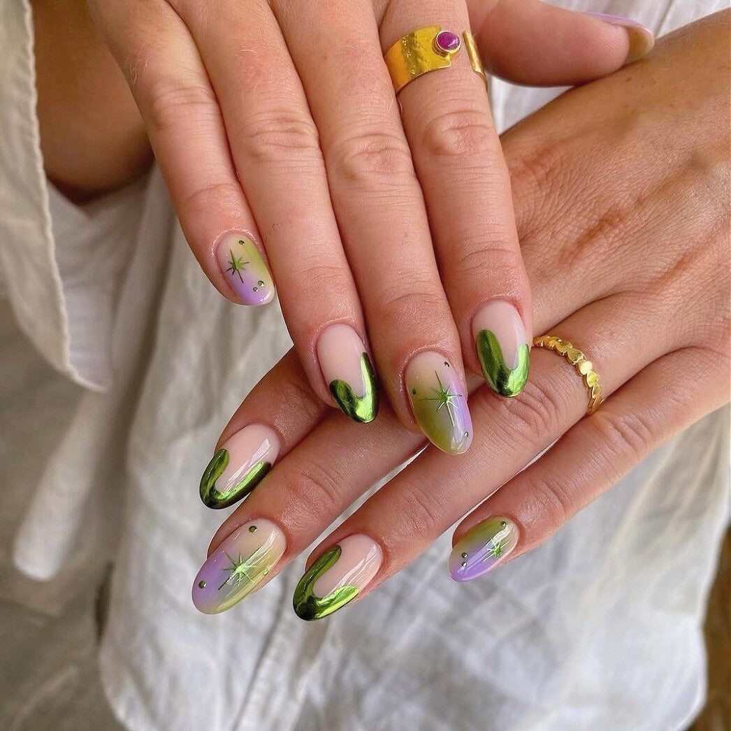 Siva Nail, Verdant Whimsy, Ombre Artistic Green and Purple, Handmade Press on Nails