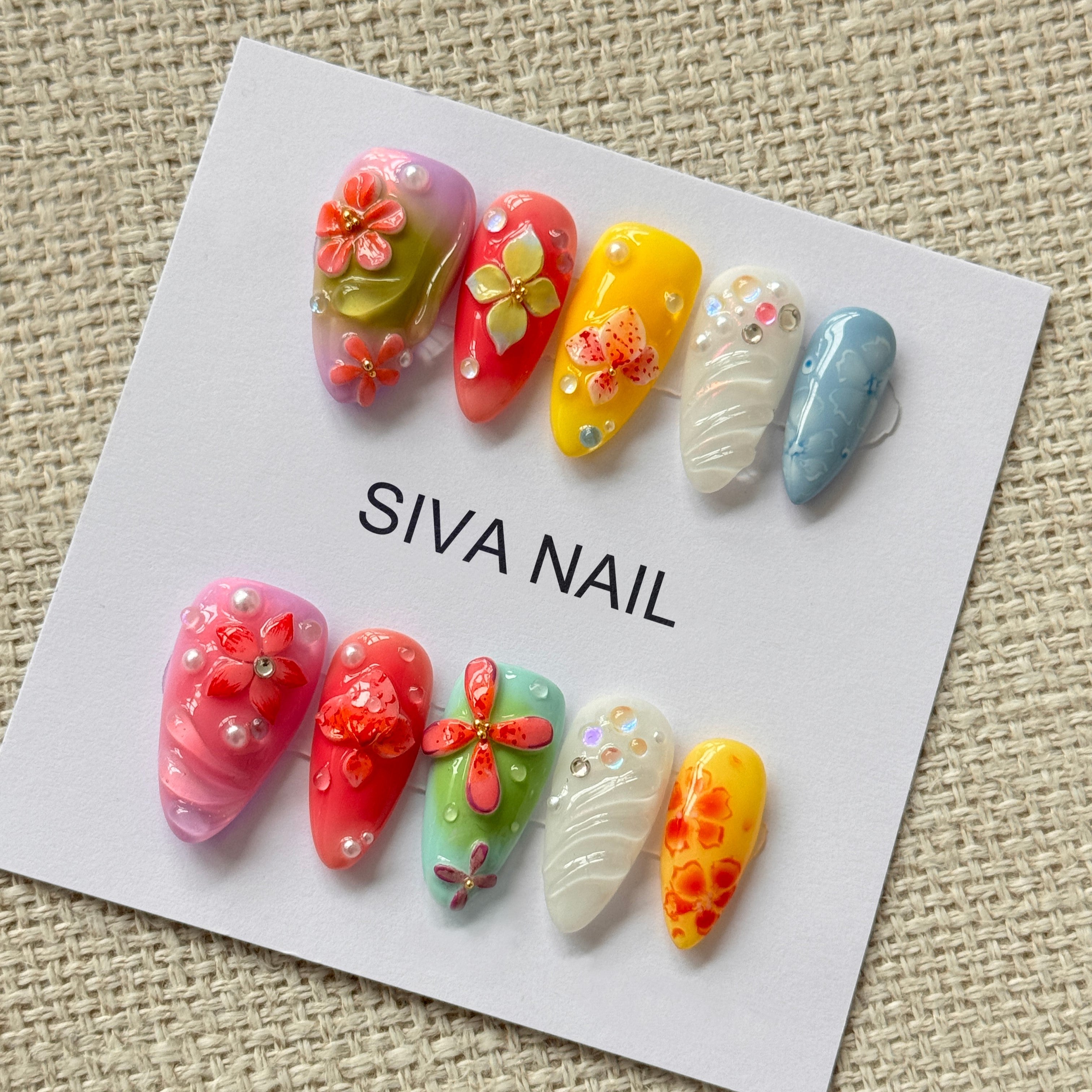 Siva Nail, Petals Enchant, Colorful Bloom, unghie finte fatte a mano