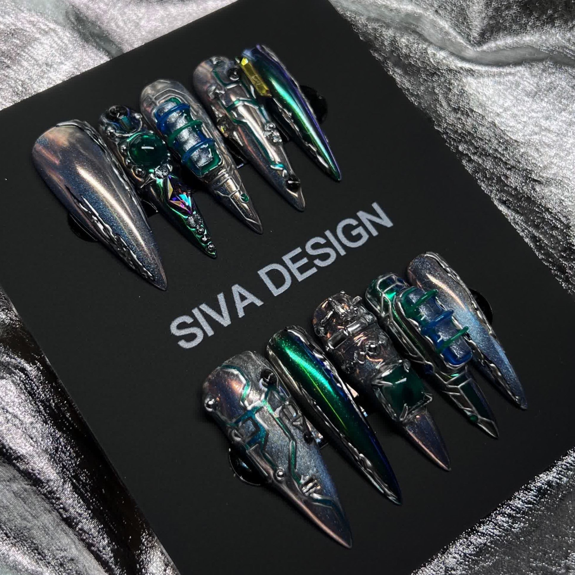 Siva Nail, Cyber ​​Glow, unghie pressate fatte a mano futuristiche