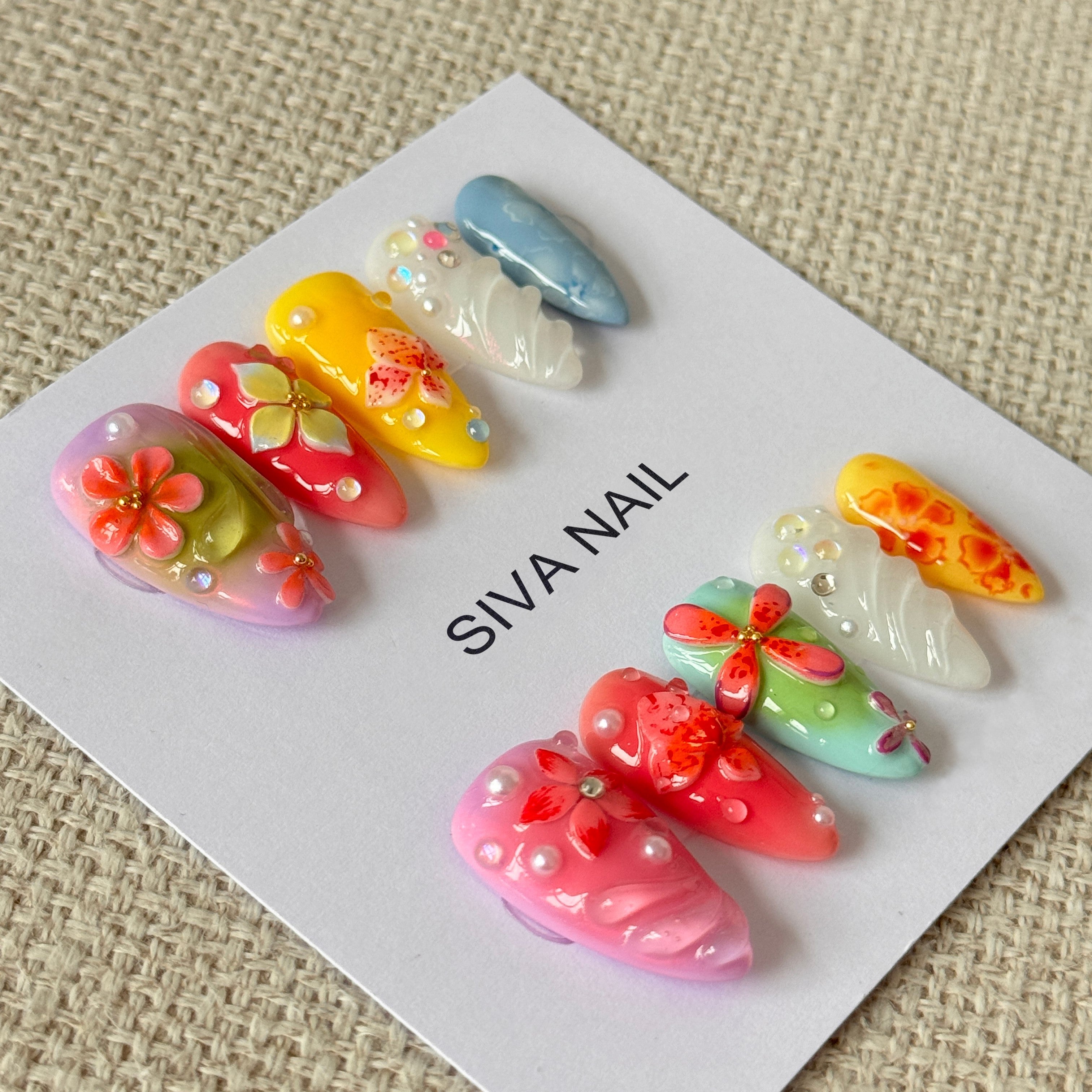 Siva Nail, Petals Enchant, Colorful Bloom, unghie finte fatte a mano