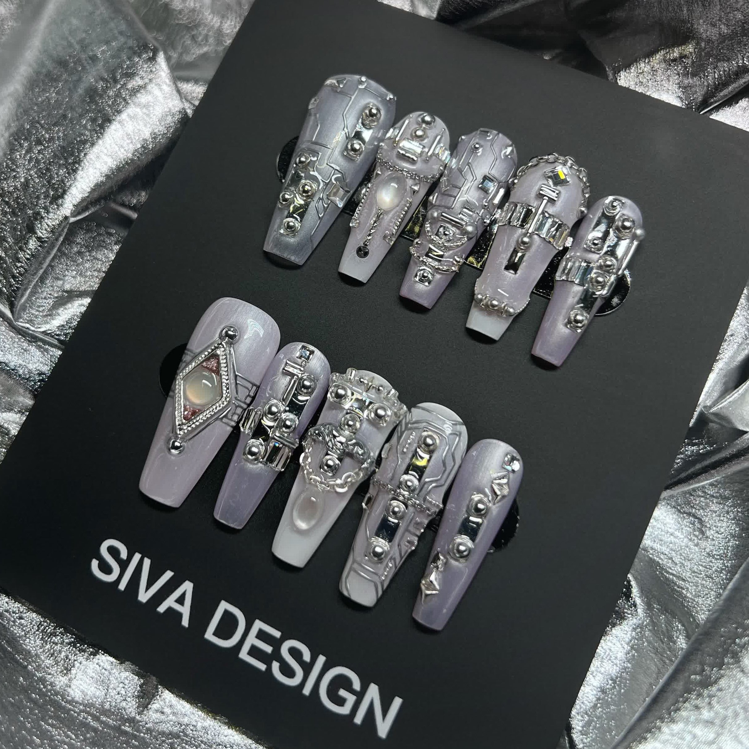 Siva Nail, Sage Nails (Pink), Futuristic Glam, Handmade Press on Nails