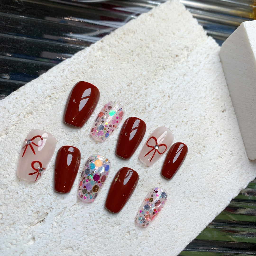 Siva Nail, Crimson Charm, Glitter Delight, unghie finte fatte a mano