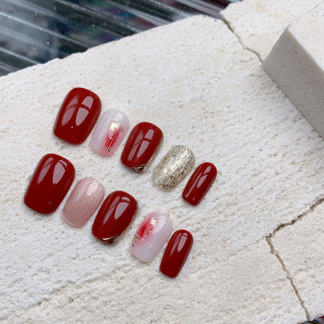 Siva Nail, Rustic Red Enchantment, Vintage Glamour, Handmade Press on Nails