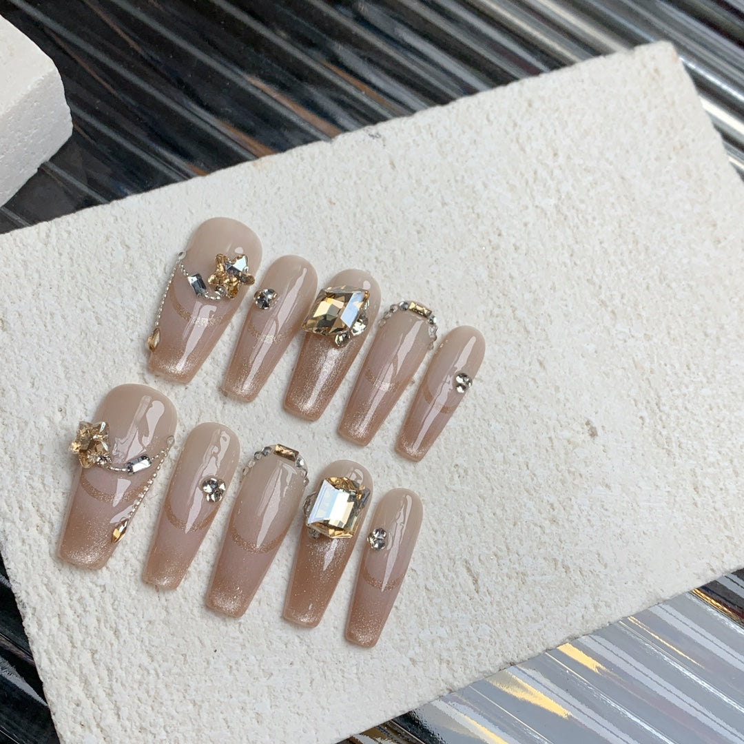 Siva Nail, Cream Stream, Nude Rhinestone Accent, Handmade Press on Nails