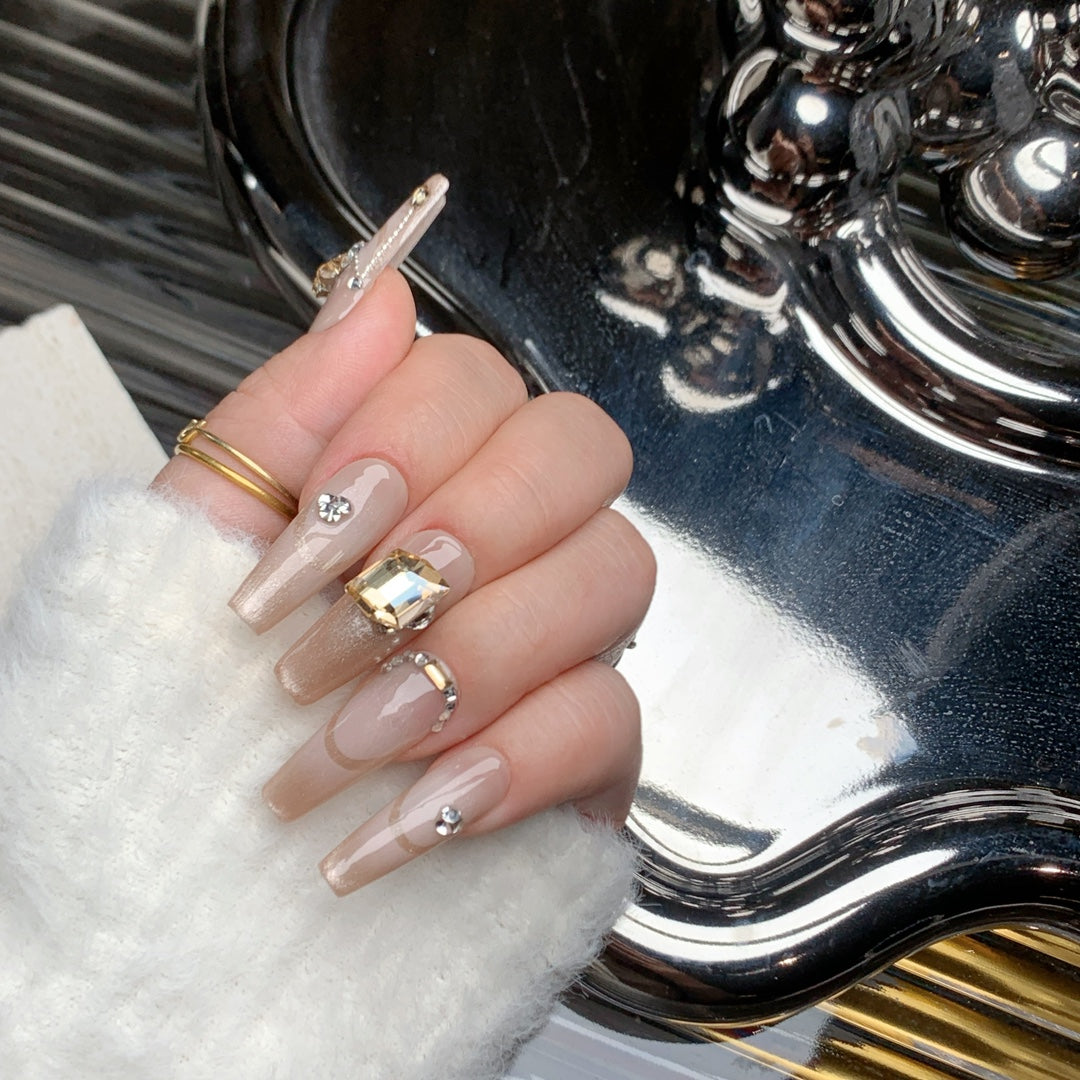 Siva Nail, Cream Stream, Nude Rhinestone Accent, Handmade Press on Nails