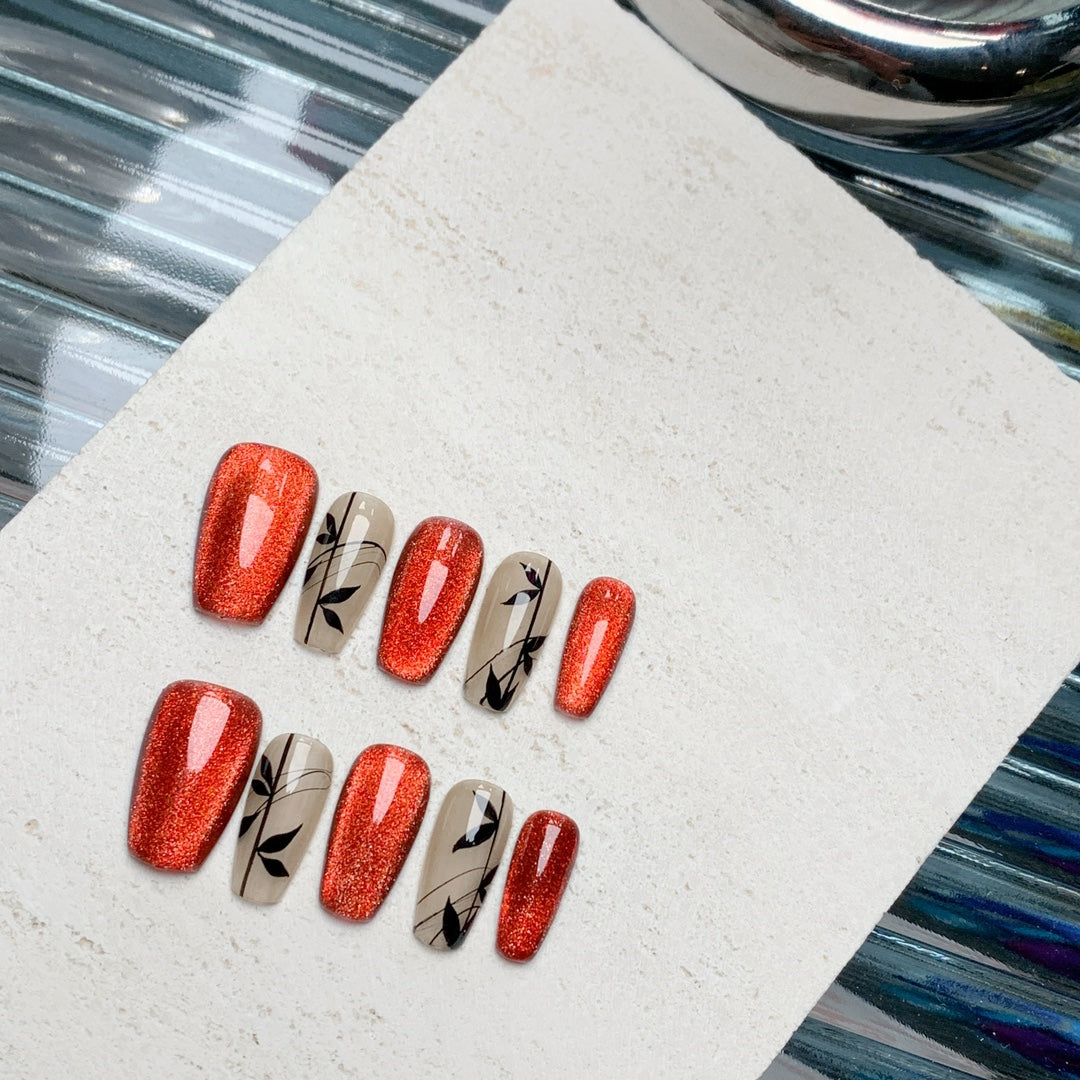 Siva Nail, Red Revelry, Autumn Elegance, Handmade Press on Nails