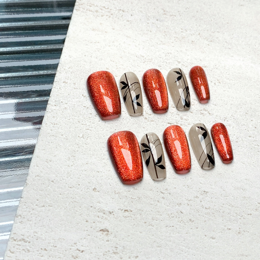 Siva Nail, Red Revelry, Autumn Elegance, Handmade Press on Nails